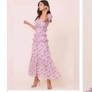 NWT ASTR Pink and Purple Maxi Dress with Puff Sleeves and V-Neck